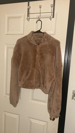 Tan Fuzzy Cropped Zip-Up Jacket