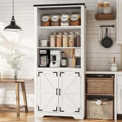 On Sale 70" High Modern Farmhouse Bookcase and Bookshelf, Pantry Storage Cabinet with 2 Doors and 5 Shelves, White