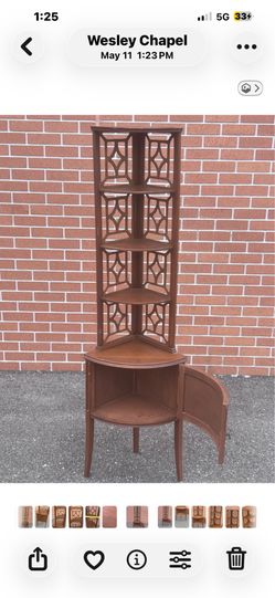 One Butler Style # 622Antique Wood Corner Shelf Mahogany W/Storage. Used in good condition with some cosmetic blemishes. These blemishes are in the fo