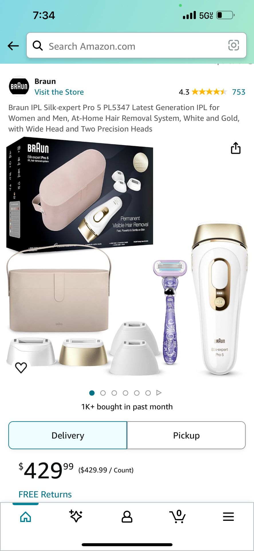 Braun IPL Silk-expert Pro 5 PL5347 Latest Generation IPL for Women and Men, At-Home Hair Removal System, White and Gold, with Wide Head and Two Precis