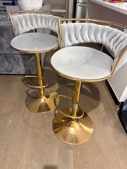 Set of 2 Gray Velvet Gold Bar Stools