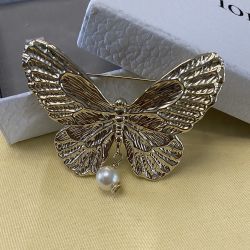 Gold Butterfly Brooch With Pearl Pendant 
