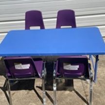 New, 4.93-Foot Kid's Plastic Folding Table – Blue & 4 Inno Sports Company Stack Chair, Seat with Chromed Steel Legs, Purple  