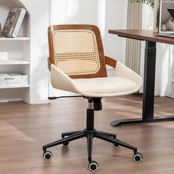 Home Office Desk Chair with Ergonomic Rattan Backrest, Walnut Crafts, Curved Arms, Faux Leather, Caster Wheels, Height Adjustable, Computer Chair for 