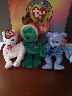 3 beanie babies white green and blue