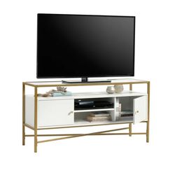 White and Gold Deleon 43-75 Inch TV Stand/Console Table with Glass Top