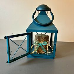 Pier 1 Large 11” Indoor/outdoor Candleholder Turquoise Lantern W/Candle Metal