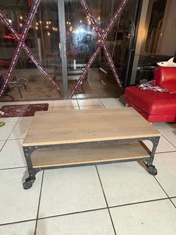 Industrial Coffee Table with Metal Frame & Wheels