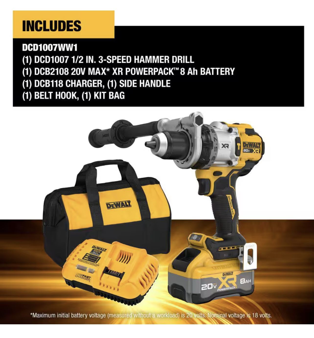 DeWALT 20V MAX* XR BRUSHLESS CORDLESS 1/2 IN. 3-SPEED HAMMER DRILL KIT WITH XR POWERPACK (NEW)