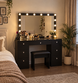 vanity table mirror and stool