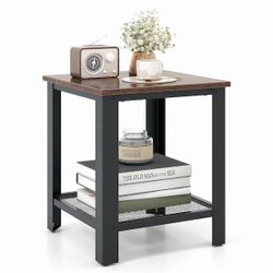 New Costaway Industrial 2 Tier Side End Table with Storage in Dark Walnut Finish & Black Metal