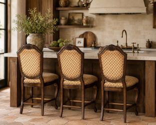 Set of 3 vintage counter stools ornate wood & upholstery