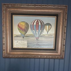 Vintage MCM H Hargrove Framed Hot Air Balloon Painting W/ Certificate Of Authenticity