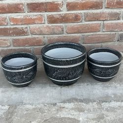 3 Black Mexican pots for plants (1) big one and 2 small ones Mexican pottery made in Mexico