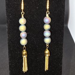 Gold Tone Multicolored Druzy Stone And Tassel Earrings