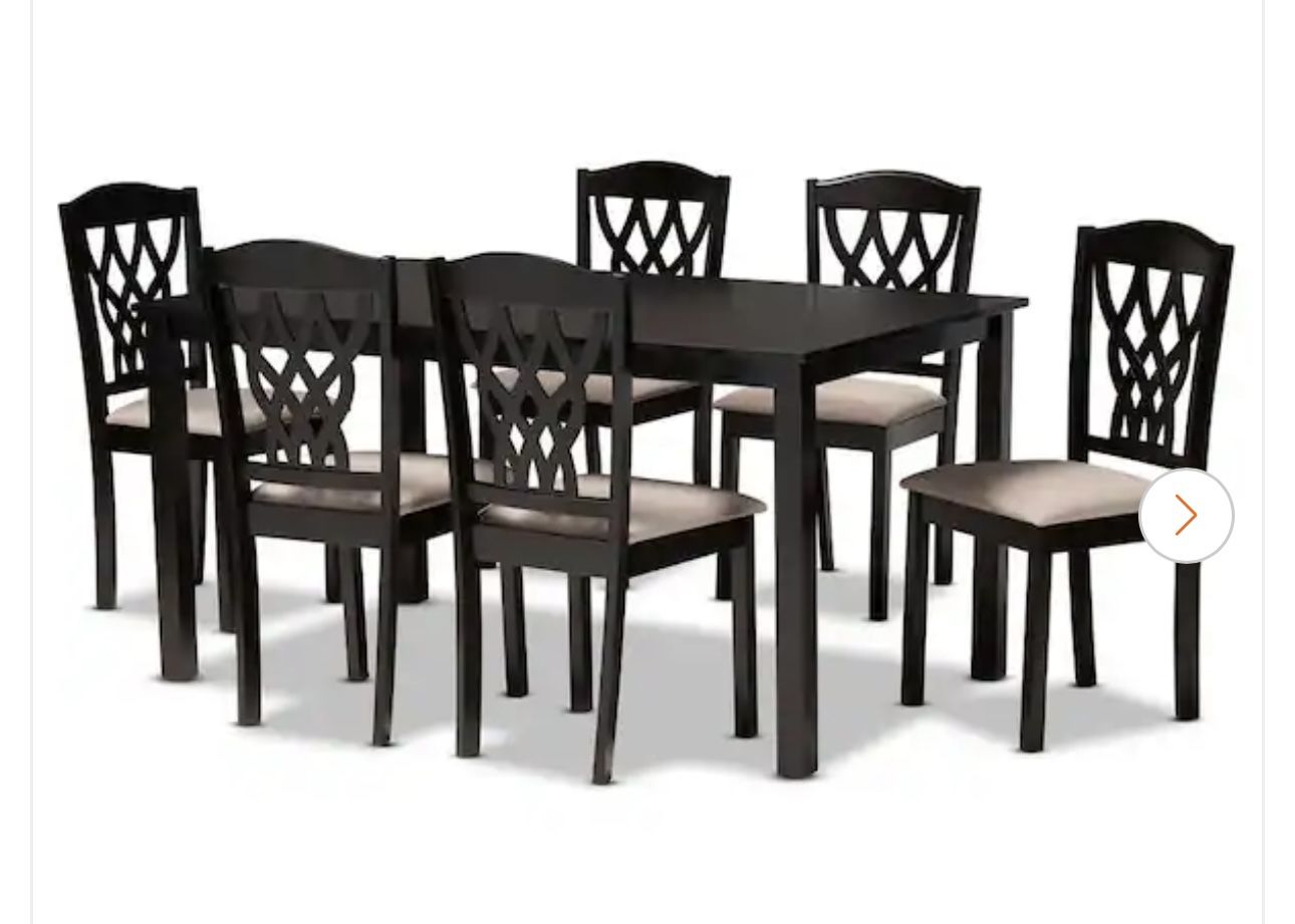 7-Piece Dining Set - Black Table and Beige Chairs
