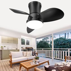 Ceiling Fans with Lights and Remote-Low Profile Ceiling Fan Flush Mount,Small Ceiling Fan with 6-Speeds, Black Modern Fan LED Light,22 Inch Ceiling Fa
