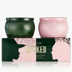 VOLUSPA X WIcKED PINK GOES GOOD WITH GREEN / 2 mini candles tin gift set   Includes two mini tin candles: Elphaba's Bewitching Banyan Forest and Glind