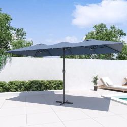 15 ft. x 9 ft. Metal Double-Sided Rectangle Market Patio Umbrella with Cross-shaped Base in Navy Blue