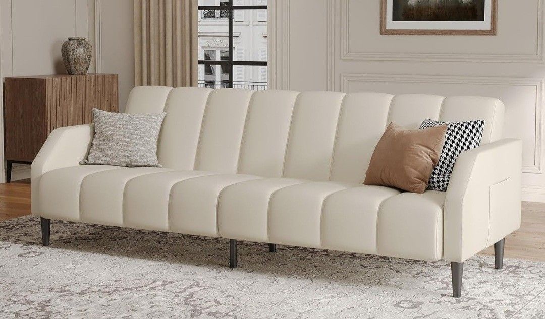 Fadware Faux Leather Couch, Convertible Futon Sofa Bed with Adjustable Backrest, Mid Century Leather Sofa Loveseat with Side Pockets& Metal Leg, Moder