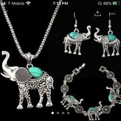 Tibetan Turquoise 3pcs Lucky Elephant Jewelry Set 