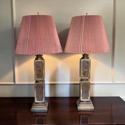 Pair of Vintage Column Table Lamps with Pleated Shades