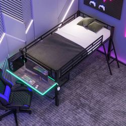 NEW Black Metal Gaming Style Full Size Loft Bed with Built-in Wood Tabletop, LED Light, Vented Mesh Undercarriage Storage