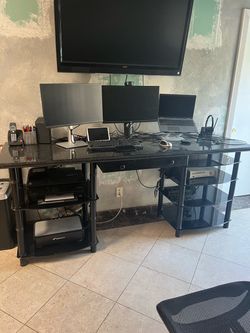 7-Foot Black Granite Executive Desk w/ Glass Shelving