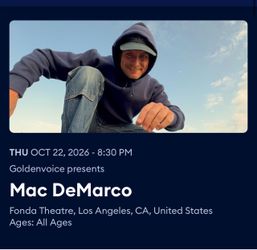 1 Mac Demarco floor ticket at the Fonda on 10/22