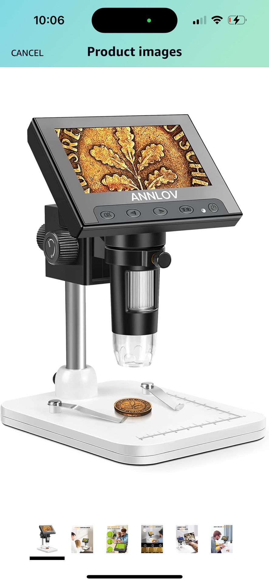 4.3 Inch Coin Microscope, 50X-1000X Magnification LCD Digital Microscope with 8 Adjustable LED Lights for Kids and Adults for Coin/Stamps/Plants