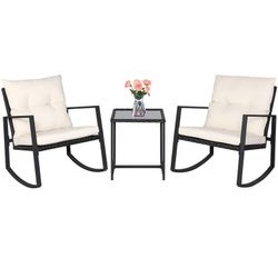 3-Piece Outdoor Patio Wicker Bistro Rocking Chair Set - Two Chairs with Glass Coffee Table (Beige-White Cushion) Black