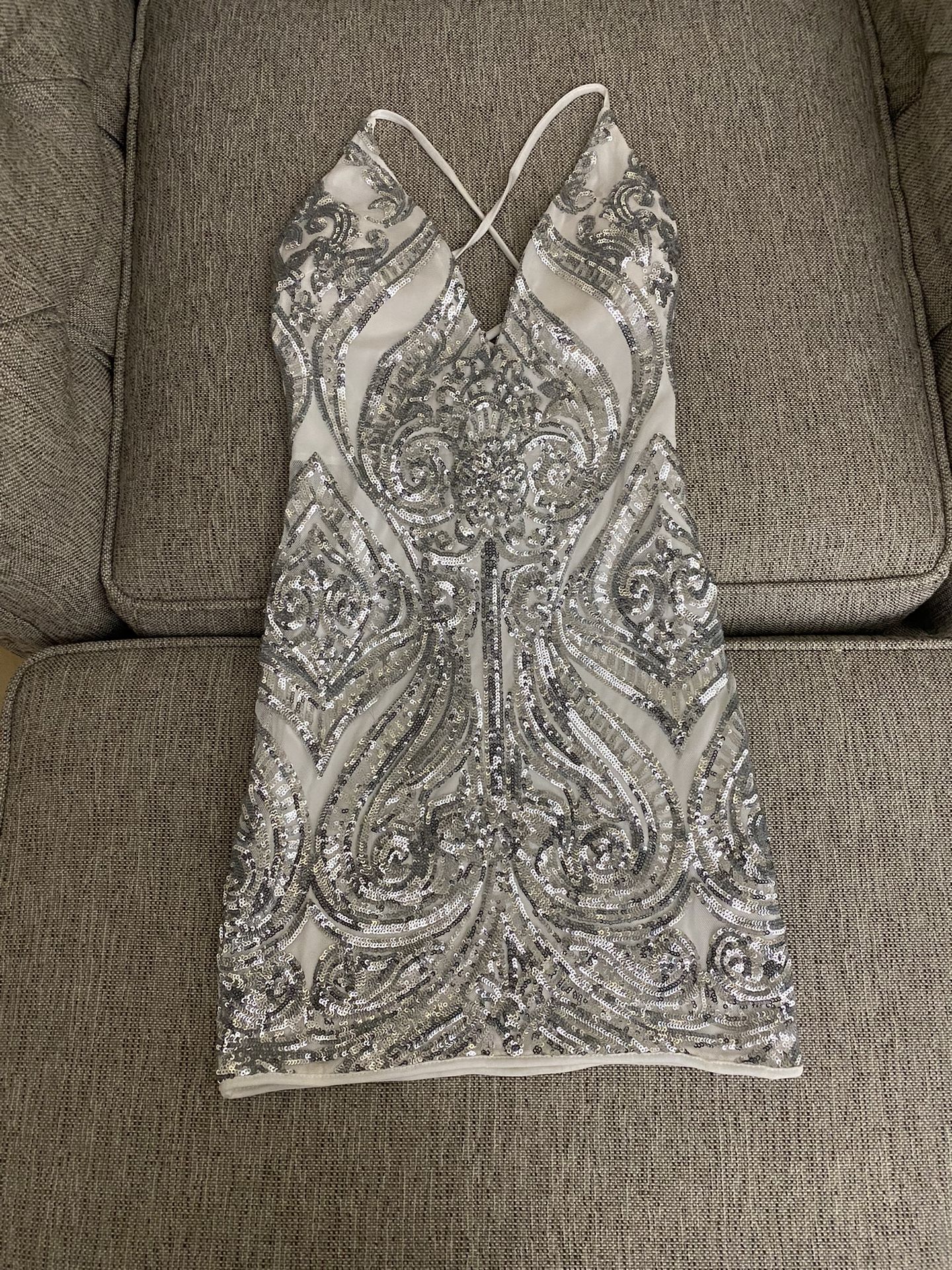 White With Silver Sequin Mini Dress-M