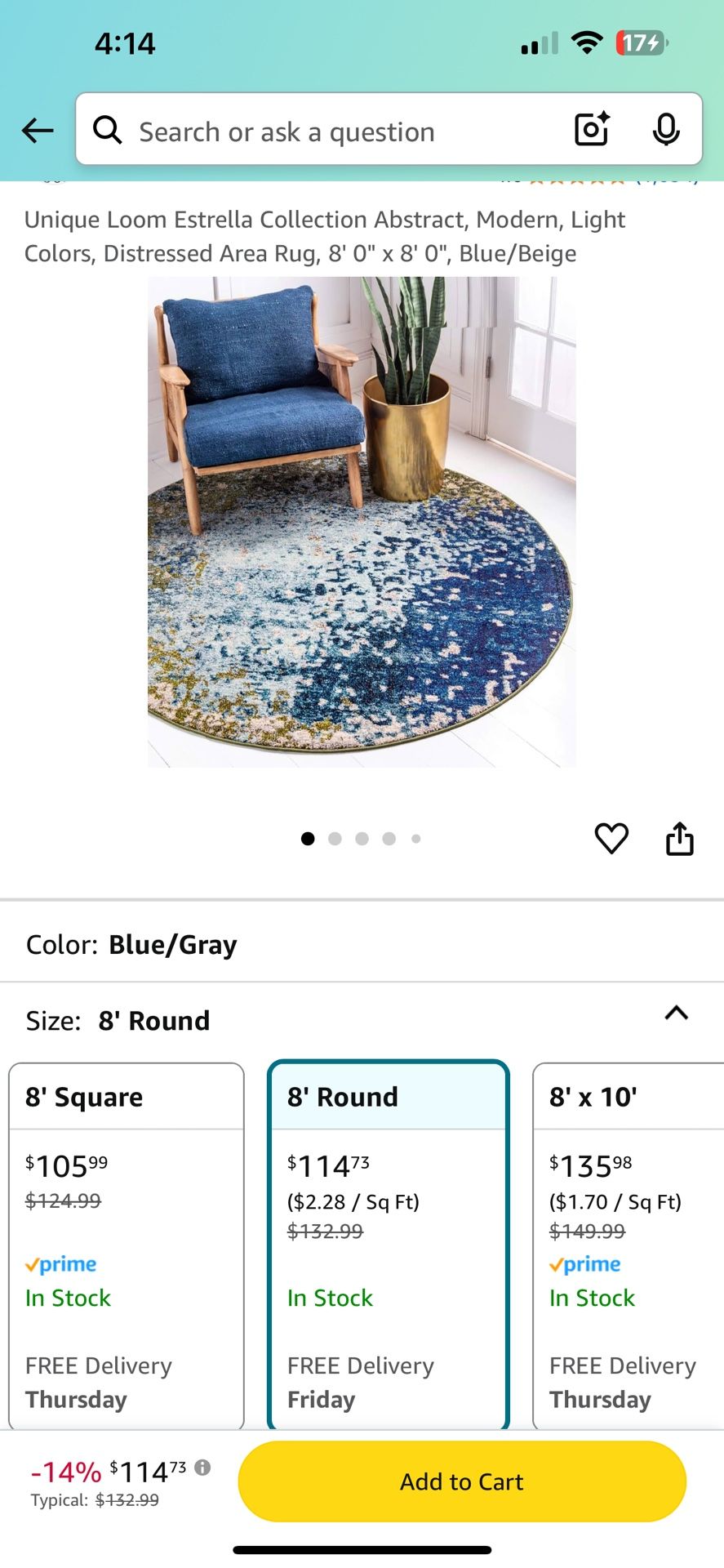 Brand New Unique Loom 8’ Round Area Rug – Blue/Beige – Still in Plastic!