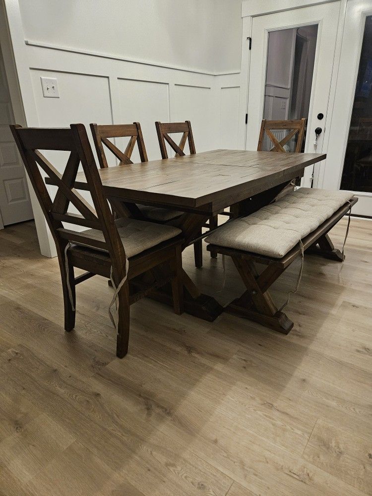 Farmhouse Dining Table With Bench & 4 Chairs