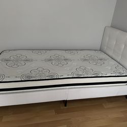 Modern White Upholstered Twin Bed + Mattress