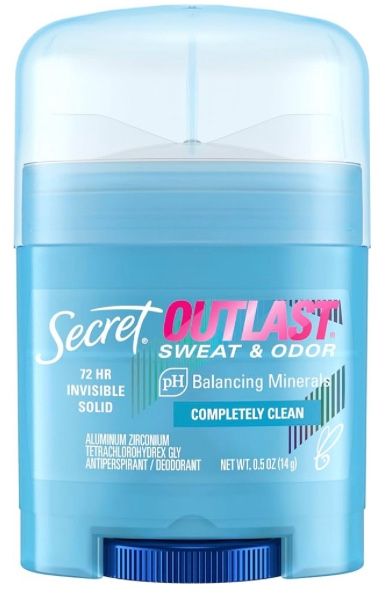 Secret Outlast Antiperspirant Deodorant for Women, 72hr Sweat & Odor Protection, PH Balancing Minerals, Invisible Solid, Completely Clean Scent, .05oz