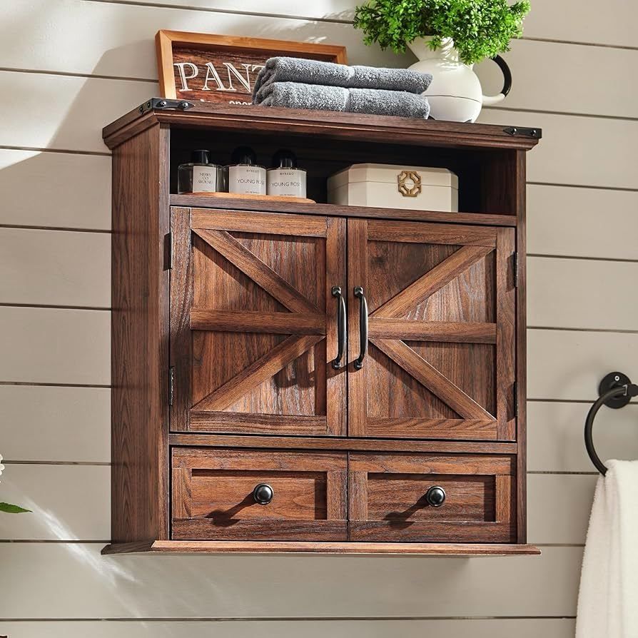 Bathroom Wall Cabinet, Farmhouse Medicine Cabinet, 24" Wide Cabinet with Drawer, Adjustable Shelf, Double Barn Doors, Storage Cabinet for Ba