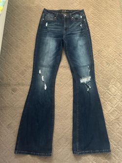 Indigo Rein Dark Blue Distressed Flare Jeans size 5/ w26  Flared women's jeans with intentional distressed detailing. High-rise silhouette and subtle 
