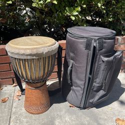 Authentic hand carved Mali djembe 12” diam with portable hardtop case