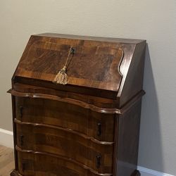 Antique Veronese Burl Walnut Drop Down Secretary 3 Drawer Desk / Cabinet 1800s 