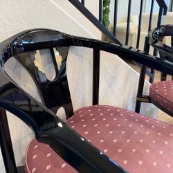 Chinoiserie Black Lacquer Barrel Arm Chairs 1980s Asian Design (Set of 2) 📍Chandler