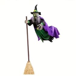 11.5ft Floating Witch + Broom. Parties Decoration. Red Eyes & Scary Sounds. Outdoors Floating Halloween Permanent Suspended  Holidays 