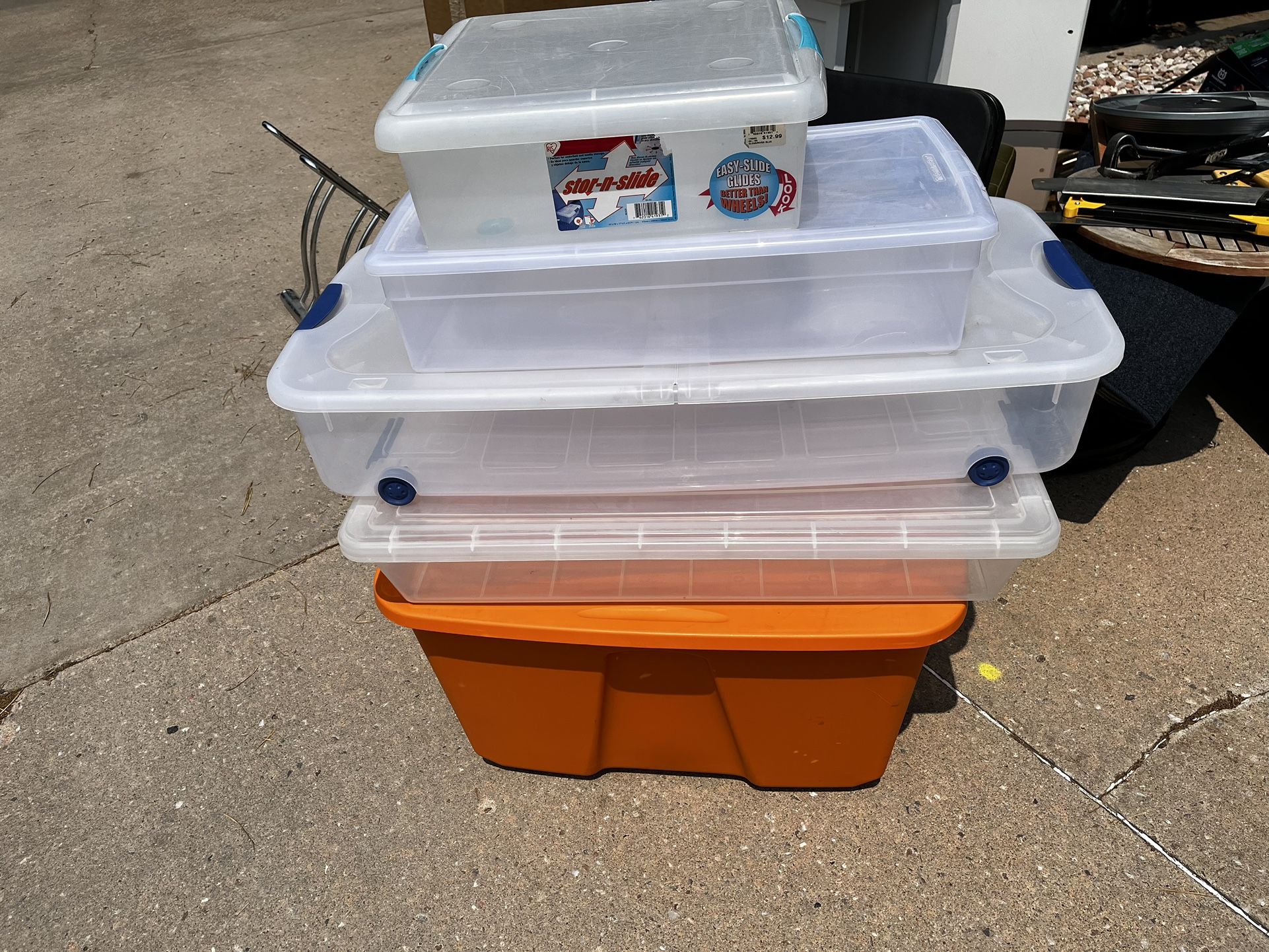 25 Plastic Storage Totes & Christmas Tree Box
