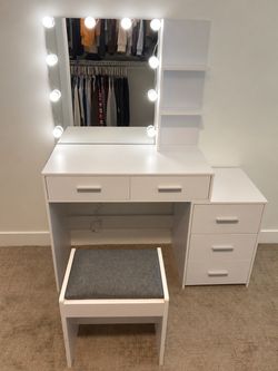 White Vanity Makeup Desk with Mirror & Stool