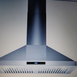 C o s m o 30-in wall mount range hood. With LED lights stainless steel. New in the box. measurements are in the pictures.