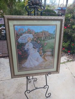 Lee Dubin Signed Victorian Rose Garden Lady And Dogs Framed Print