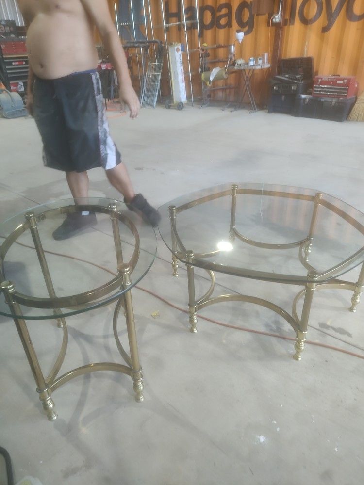 Glass Top Brass Coffee Table And End Table