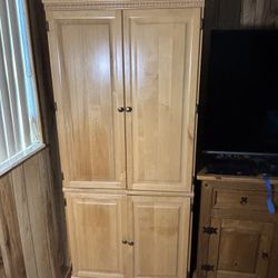 Computer armoire with desk keyboard drawer and roll out printer shelf
