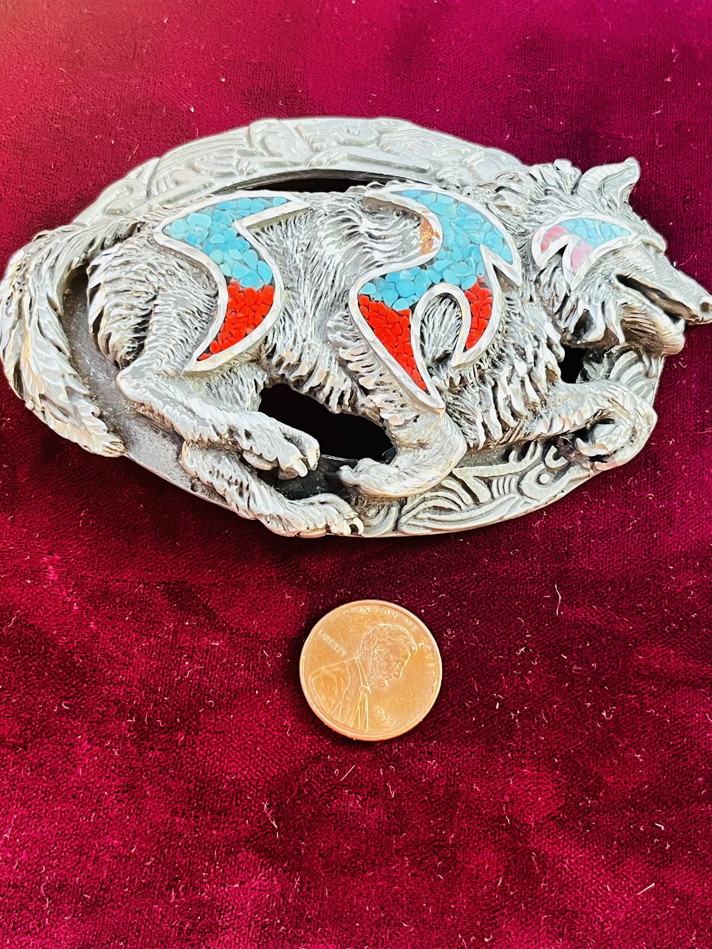 Belt buckle - Rare Nice Turquoise Enamel Silver Tune buckle of a running wolf Made In The USA with blue and red decorative stones