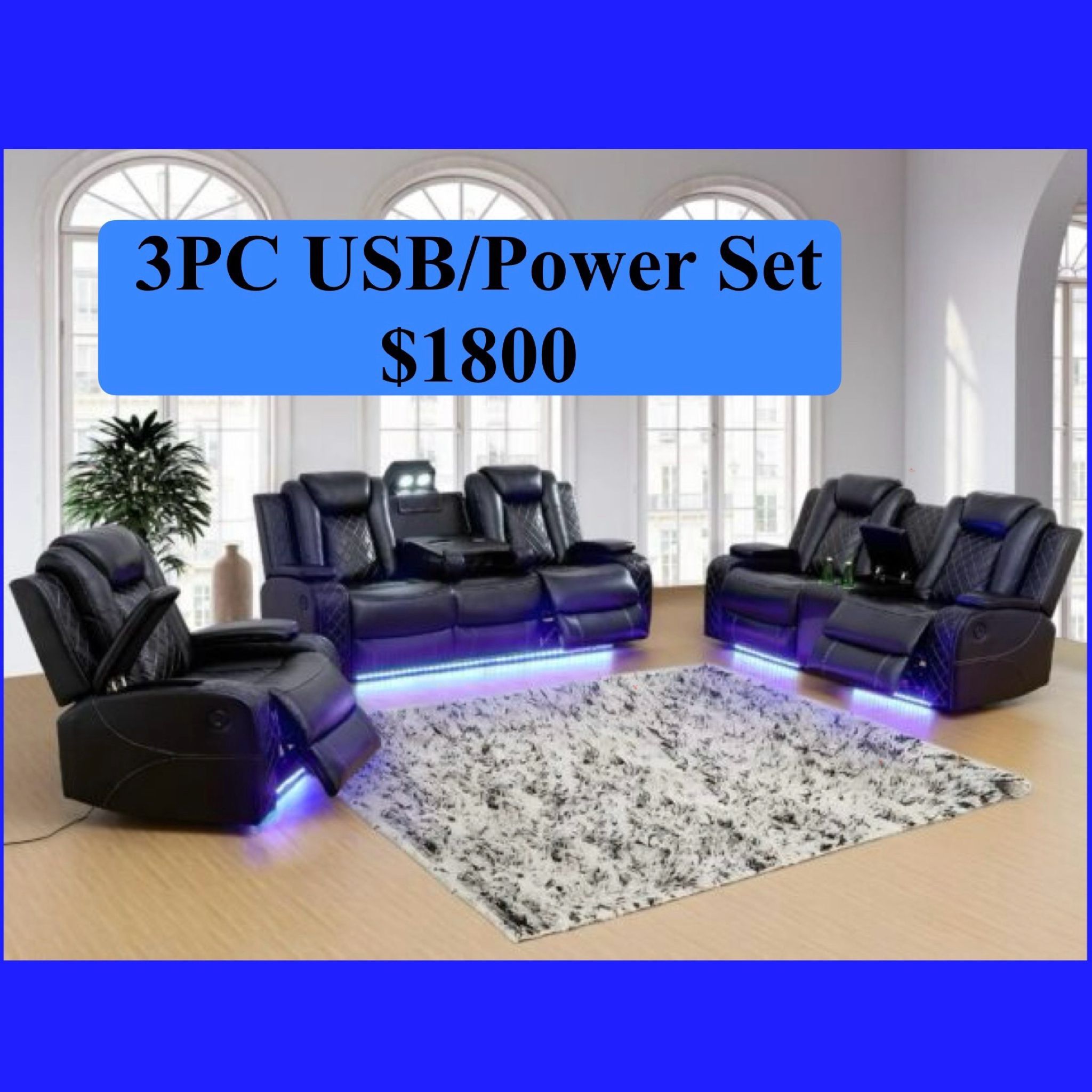 FREE DELIVERY — Brand new 3PC POWER, USB, LED Reclining Sofa Loveseat Chair